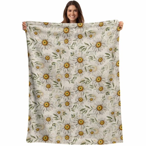 White Daisies Blanket Soft Cozy Warm Twin Blanket for Bed, Plush Fuzzy Flannel Fleece Blankets for Sofa, Retro Country Botanical Flowers Leaves Throw Blankets for Couch, Gifts for Men, 60"x80"