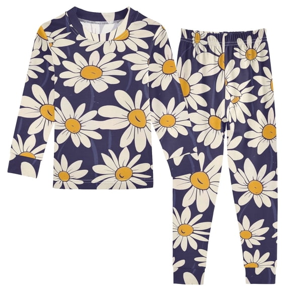 White Daisies Cartoon Cotton Pajama Set Long Sleeve Top and Pants Sleepwear Unisex 24M