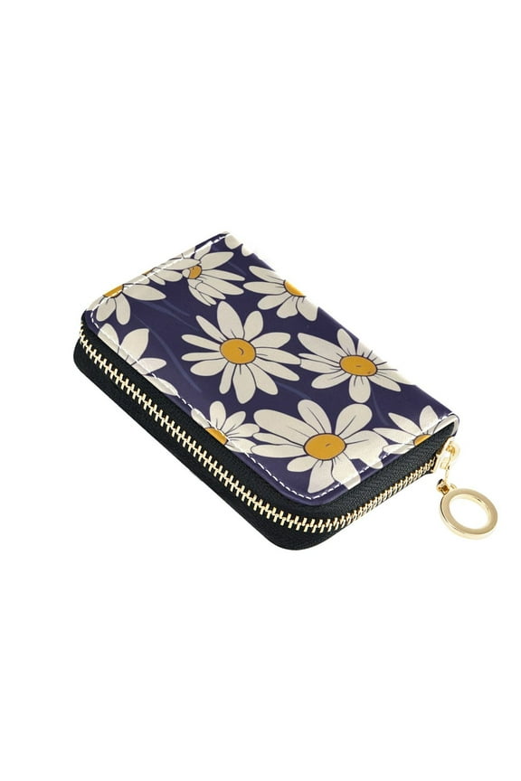 White Daisies Cartoon Women's Credit Card Holder PU Leather Zipper Wallet RFID Blocking