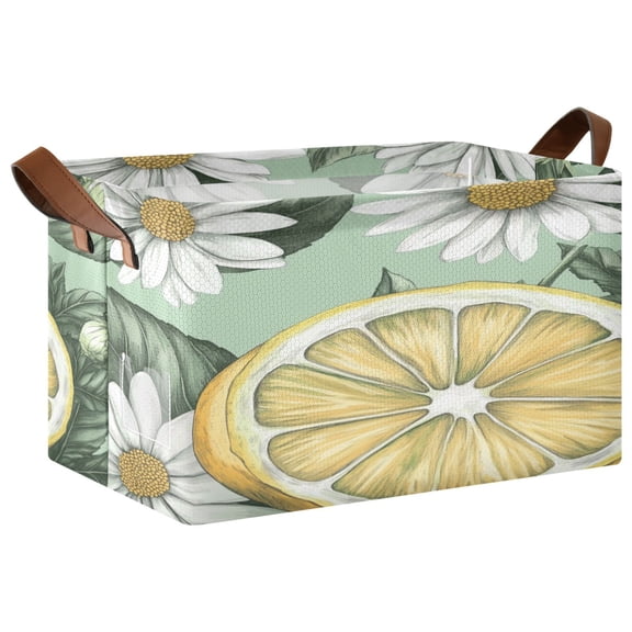 White Daisies with Lemons Pattern Storage Basket Soccer Plaid Fabric Hoard Box Oversized Collapsible Closet Organizer with Metal Iron Frame 16.911.410in