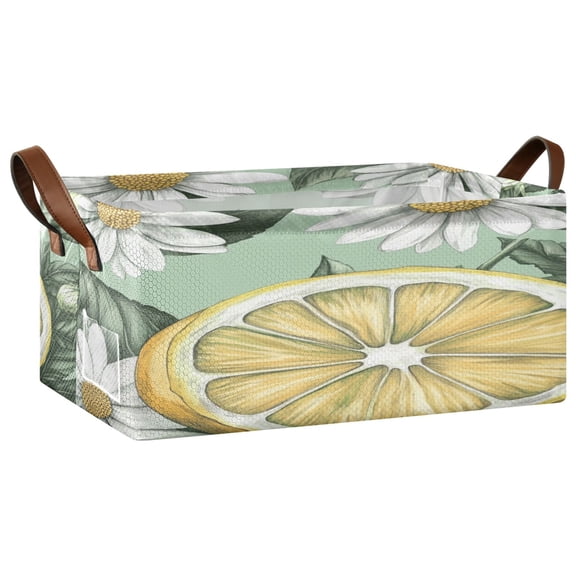 White Daisies with Lemons Pattern Storage Basket Soccer Plaid Fabric Hoard Box Oversized Collapsible Closet Organizer with Metal Iron Frame 16.911.47.7in