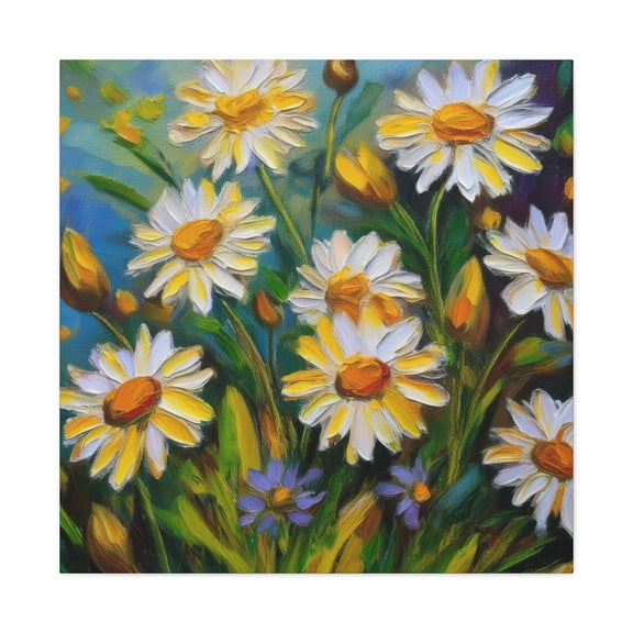 White Daisies Print Canvas, Floral Oil Paint Print 20x20, 24x24, 30x30, 32x32, 36x36 Art Design Pine-Wood Inner Frame MC-127