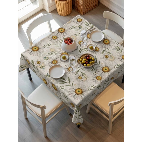 White Daisies Tablecloth Square Table Cloth 54x54,Waterproof Outdoor Table Cloth Covers Decorative Table Protector,Retro Country Botanical Flowers Leaves Washable Kitchen Party Dinning Table Cover