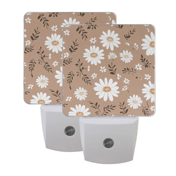 White Daisies on Brown Background LED Night Light with Smart Sensor Plug Into Wall Dusk to Dawn 2 packs