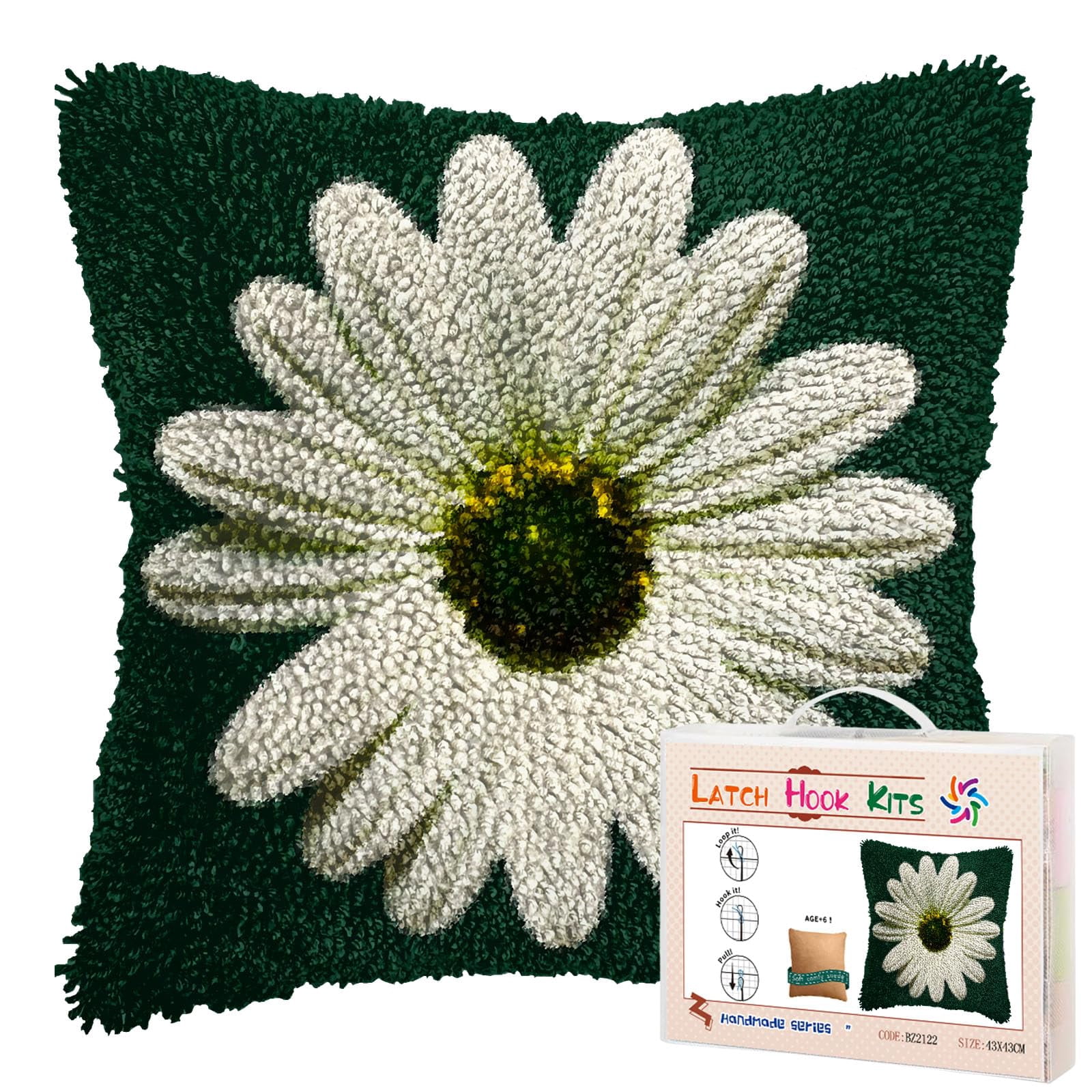 A White Daisu in Green DIY Latch Hook Pillow Kits for Adults Printed Pillowcase Crochet Yarns Hooking Handmade Pillow Cover Cushion for Home Sofa Decoration 17x17inch