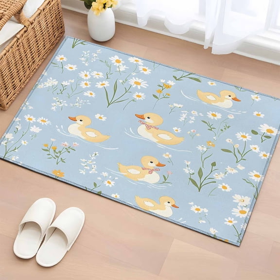 White Daisy 2'x3' Washable Rug, Spring Floral Duck Greenery Blue Non-Slip Soft Doormat Area Rugs for Entrance Bathroom Bedsides, Front Doormat Carpet for Kitchen Bedroom, Entryway Floor Mat