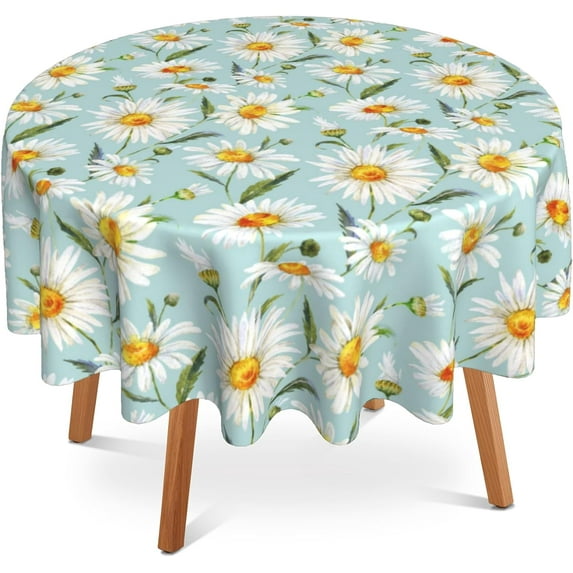 White Daisy 60 inch Round Tablecloth,Watercolor Floral Circle Table Cover Stain Resistance Water Repellent Wrinkle-Free Table Cloth for Home Kitchen Dining Party Patio Indoor Outdoor