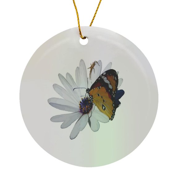 3drose, White Daisy and Butterfly Vector Background Removed, Circle Porcelain Ornament