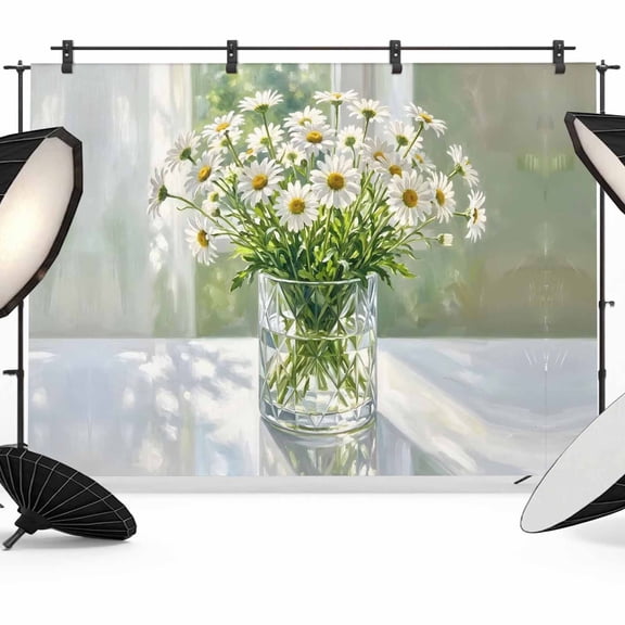 White Daisy Backdrop for Photography, Summer Spring Oil Painted Floral Vase Photo Backdrop Portrait Background Party Banner Photo Backgrounds for Studio Booth Props, 10x8ft