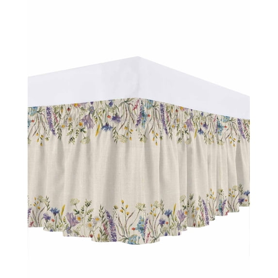 White Daisy Bed Skirt California King Size 16 Inch Drop, Colorful Flower Lavender Vintage Linen Adjustable Elastic Dust Ruffles Bedskirt Wrap Around Pleated Mattress Frame Cover