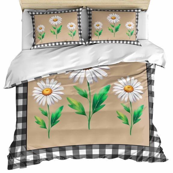 White Daisy Bedding 3 Piece Duvet Cover Set Twin Size, Farmhouse Botanical Floral Black White Plaid Microfiber Comforter Cover with Zipper Closure & Pillowcases, Wrinkle & FadeResistant Quilt Cover
