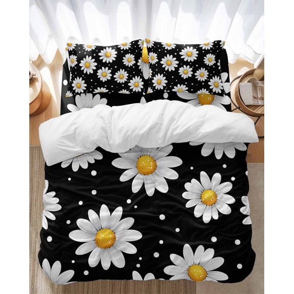 White Daisy Bedding Duvet Cover Set Queen Size 4 Pieces Flowers Black Background Modern Art Bedding Set with Zipper Closure, 1 Comforter Cover 90x92 Inches 1 Flat Sheet & 2 Pillow Cases
