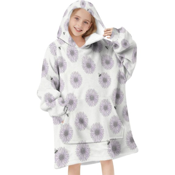 White Daisy Bee Wearable Blanket Hoodie, Flannel Sweatshirt Blanket with Sleeves & with Sleeves & Pockets, Comfort Gifts Ideas for Son Daughter Grandchild