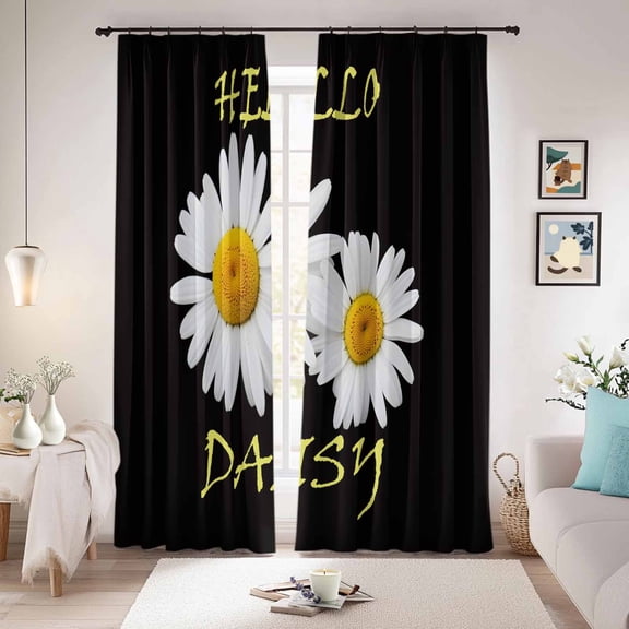 White Daisy Blackout Curtains for Bedroom/Living Room, Pinch Pleated Black Out Curtains, Spring Hello Daisy Floral Black Room Darkening Window Drapes with Hooks 2 Panels, 59"x70"