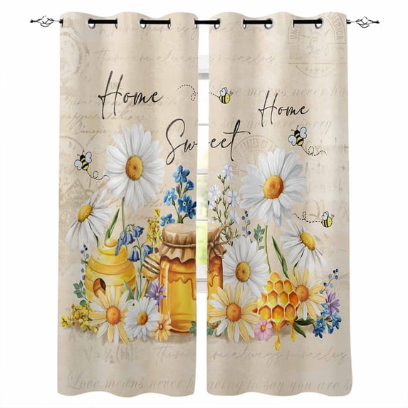 White Daisy Blackout Curtains for Bedroom, Spring Floral Bees Elegant Pastoral Botanical Thermal Insulated Kitchen Drapes with Grommets, Light Blocking Window Treatment, 2 Panels 52" x 90"