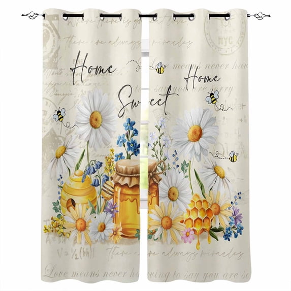 White Daisy Blackout Curtains for Bedroom, Spring Floral Elegant Pastoral Bees Watercolor Thermal Insulated Kitchen Drapes with Grommets, Light Blocking Window Treatment, 2 Panels 27.5" x 39"