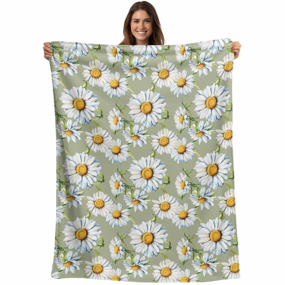 White Daisy Blanket Soft Cozy Warm Throw Blanket for Couch, Plush Fuzzy Flannel Fleece Blankets for Sofa, Sage Green Botanical Flowers Floral Country Bed Blankets Lightweight Gifts for Women, 30"x40"
