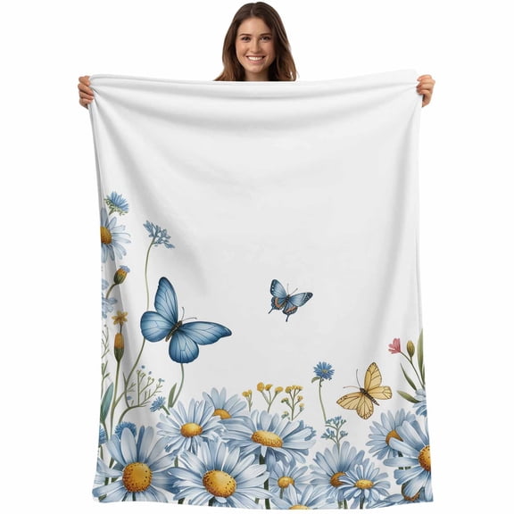 White Daisy Blossom Blanket Soft Cozy Warm Throw Blanket for Couch, Plush Fuzzy Flannel Fleece Blankets for Sofa, Spring Graden Floral Butterflies Bed Blankets Lightweight Gifts for Women, 30"x40"