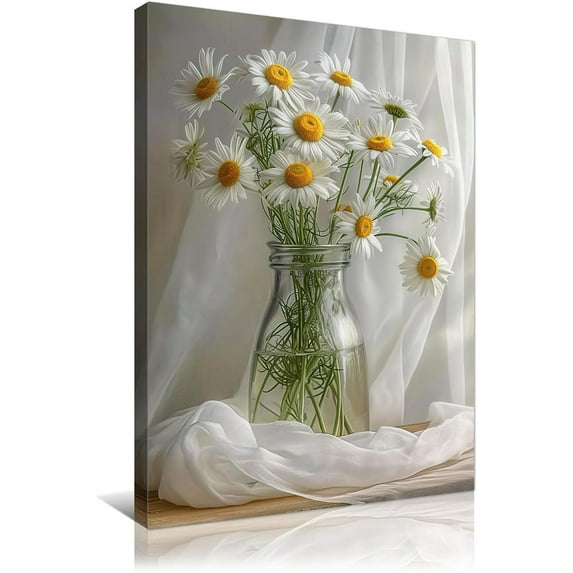 White Daisy Canvas Wall Art Modern Gallery Decor Print Elegant Chic Artwork Ready to Hang for Kitchen and Bedroom Decor 12x16in