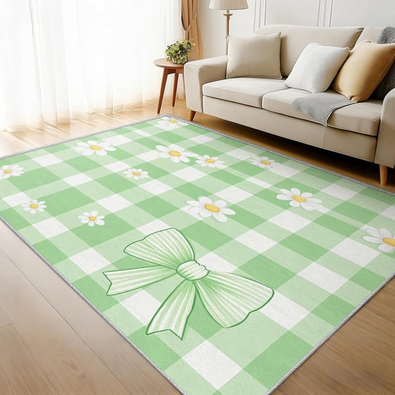 White Daisy Checkered Area Rug, Green Plaid Floral Design Indoor Carpet, Washable Non Slip Low Pile Soft Thin Rug for Living Room Bedroom Home Decor Mat 2x3ft
