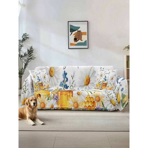 White Daisy Couch Cover, Spring Floral Elegant Farmhouse Botanical Bees Sofa Cover Blanket for 1 Seat Cushion, Sectional Sofa Slipcover Furniture Protector for Living Room Bedroom 71''x91''
