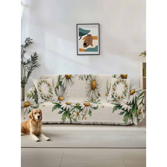 White Daisy Couch Cover, Spring Flowers Watercolor Floral Beige Oversized Sofa Cover Blanket for 3 Cushion Couch,Sectional Sofa Slipcover Furniture Protector for Living Room Bedroom 71''x150''