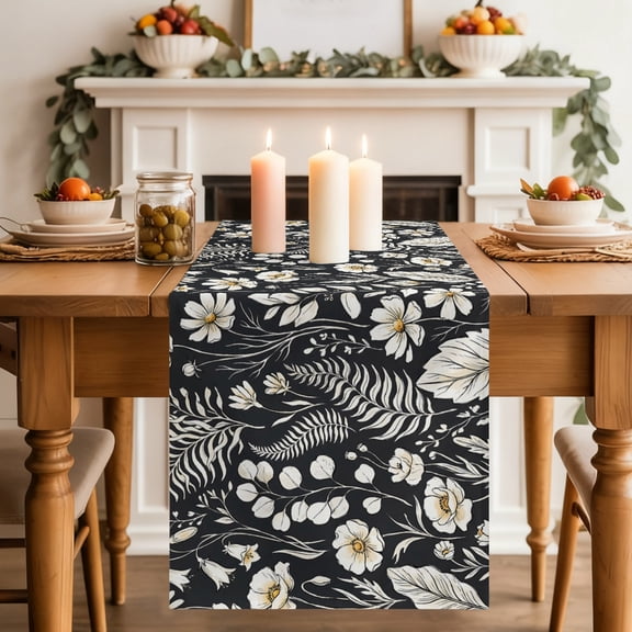White Daisy Dining Table Runner, Fern Leaves Wildflowers Dark Background Washable Table Runners Kitchen Coffee Table Center Decor for Home Party Holiday Wedding 13 x 48 Inches