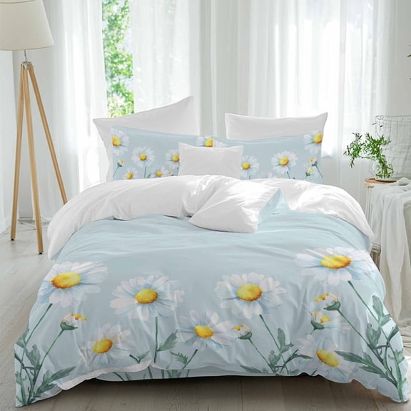 White Daisy Duvet Cover Set Queen Size, Country Farm White Floral Daisy Plant Light Blue 4 Piece Soft Microfiber Bedding Set with 1 Duvet Cover, 1 Flat Sheet, 2 Pillowcases