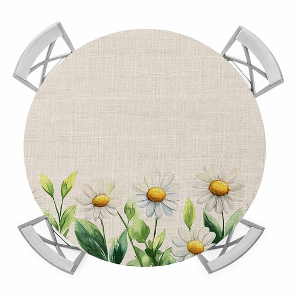 White Daisy Elastic Fitted Round Table Cover Linen Background Waterproof Outdoor Tablecloth for Holiday Party, Picnic, Patio & Dining Fits Tables Up to 45"-54"