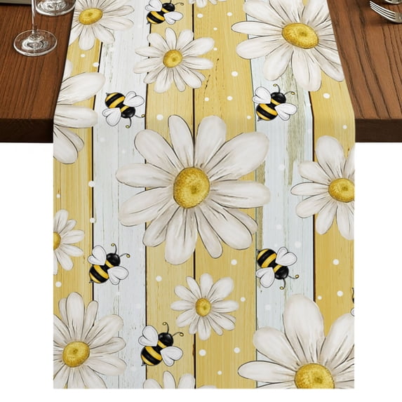 White Daisy Farmhouse Burlap Cotton Table Runner 13x72 Inches Long, Garden Floral Bees Yellow Wooden Farmhouse Table Runners, Outdoor Dining Tablecloths Decor for Baby Shower/Party/Wedding
