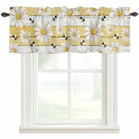 White Daisy Farmhouse Kitchen Valances for Windows, Garden Floral Bees Yellow Wooden Bathroom Window Valances 42x12 Inch Rod Pocket Window Treatments Valance Curtains for Living Room Bedroom Decor