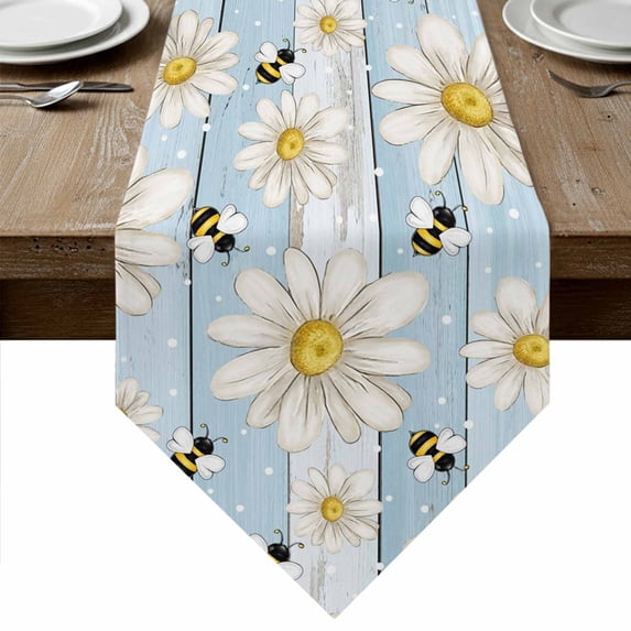 White Daisy Farmhouse Table Runner Linen Burlap Table Runner 36 Inches Small Garden Floral Bees Blue Wooden Dresser Scarves for Kitchen Island Coffee Dining Room Party Wedding Holiday Decor 13"x36"