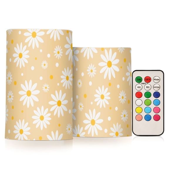 White Daisy Flameless LED Candle Set with Remote, Battery Operated Color Changing Pillar Candles, Set of 2
