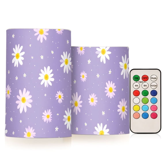 White Daisy Flickering Flameless Candles Battery Operated with Remote Timer LED Pillar Candles Set of 2