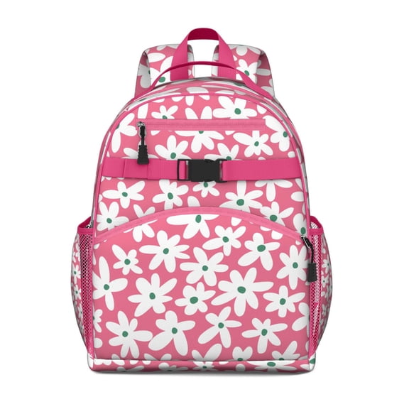 White Daisy Floral Artwork Student Backpack Adjustable Padded Straps and Chest Strap Water-resistant School Backpack with Large Capacity for Daily Use