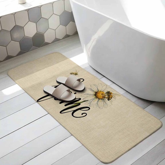 White Daisy Floral Bathroom Runner Rugs Non Slip Washable Absorbent Narrow Long Bath Mat Rustic Home Honeybees Burlap Runner Rugs for Kitchen Hallway Bedroom Laundry Study Room 15.7"x47.2"