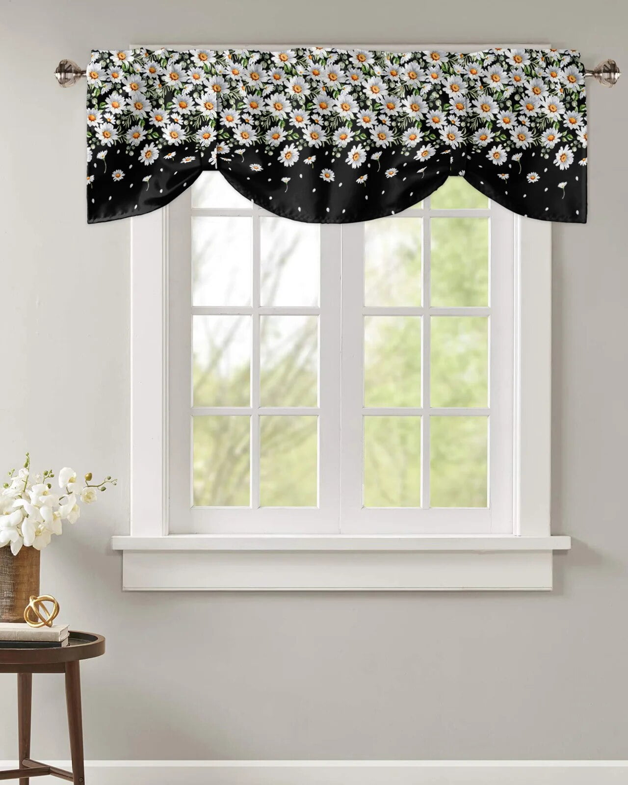 White Daisy Floral Gradient Kitchen Valance Curtain Window Valance For 