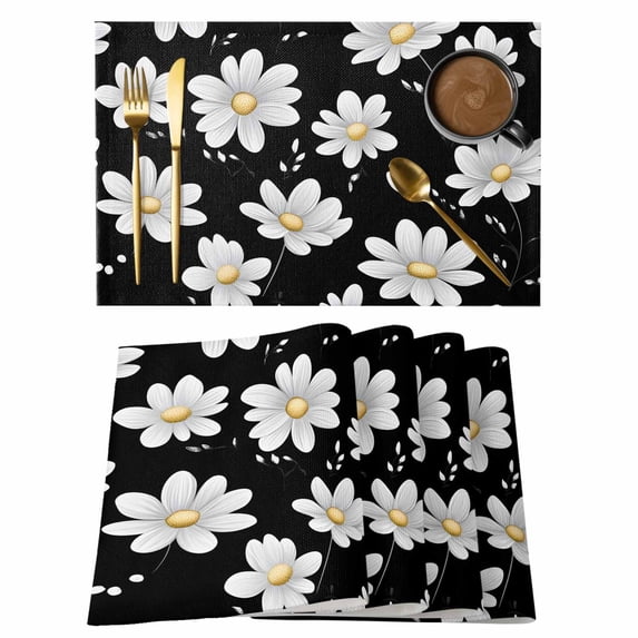 White Daisy Floral Placemats Set of 8 Spring Summer Flowers Black Place Mats Indoor Wipeable Table Mats Washable Cloth Dining Table Placemats for Kitchen Holiday Party Home Decor 13x19 Inch