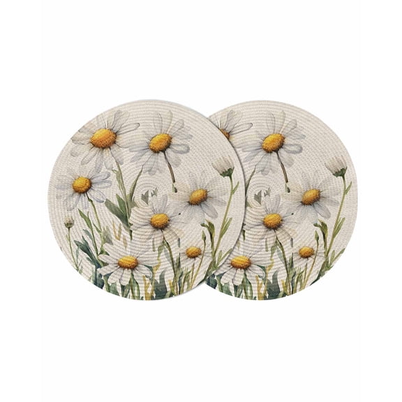 White Daisy Floral Round Table Placemats set of 2, Rustic Washable Woven Place Mats for Dining Tables Kitchen Party Decor,Heat Proof, 13in,