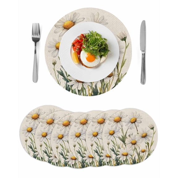 White Daisy Floral Round Table Placemats set of 6, Rustic Washable Woven Place Mats for Dining Tables Kitchen Party Decor,Heat Proof, 15in,