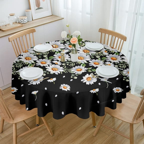 White Daisy Floral Round Tablecloth Party Kitchen Dinner Table Cover Holiday Decor Waterproof Tablecloths