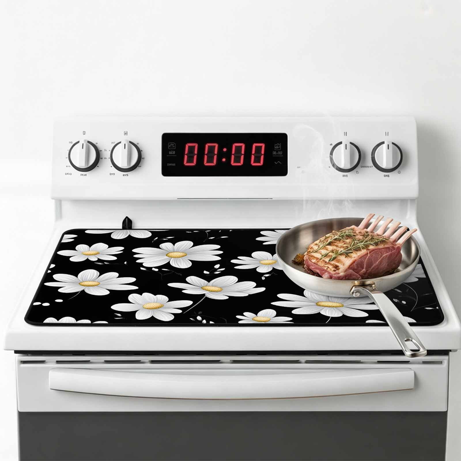 White Daisy Floral Stove Top Cover for Electric Stove, Heat-proof & Non Slip Glass Top Stove Cover Protector, Spring Summer Flowers Black Kitchen Flat Cooktop Rubber Mat 24x21 Inches