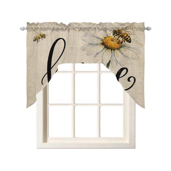 White Daisy Floral Swag Curtains for Kitchen Rustic Home Honeybees Burlap Valances for Windows Rod Pocket Small Window Treatment Short Topper for Cafe Bedroom Bathroom Living Room Decor 56x36 Inch