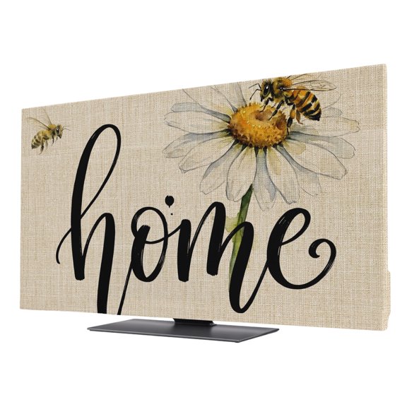White Daisy Floral TV Cover for 24 Inch Screen, Stretch Fabric Dustproof TV Display Protector, Rustic Home Honeybees Burlap Elastic Slipcover Monitor Cover for Indoor Desktop Computer 20.9"x11.8"