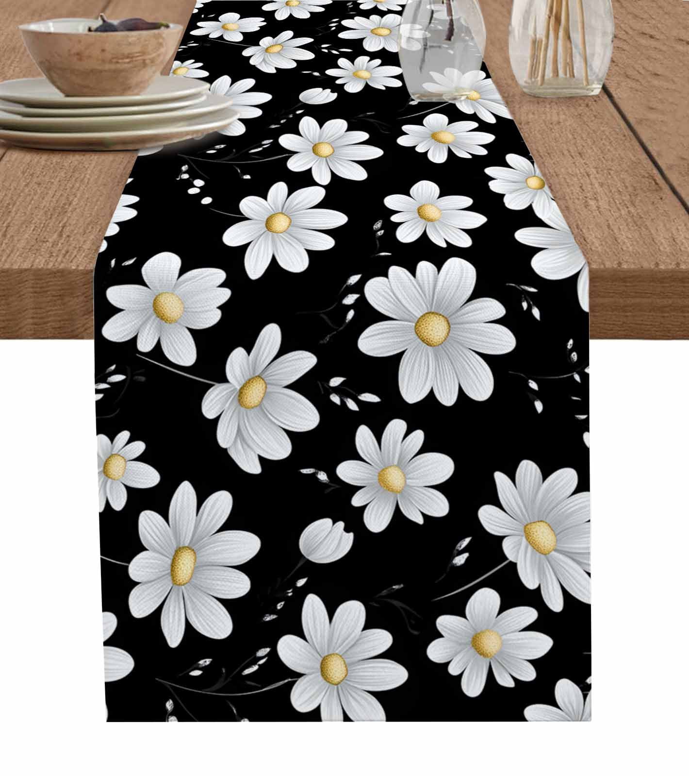 Spring Table Runner 108 White Daisy Floral Table Runner 108 Inches, Spring Summer Flowers Black ...