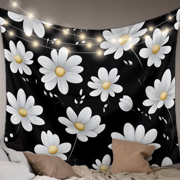 White Daisy Floral Tapestry for Bedroom Wall Hanging Tapestry, Spring Summer Flowers Black Ceiling Backdrop Tapestries Poster Blanket Wall Decor for Teens Room Living Room Dorm 59" x 79"