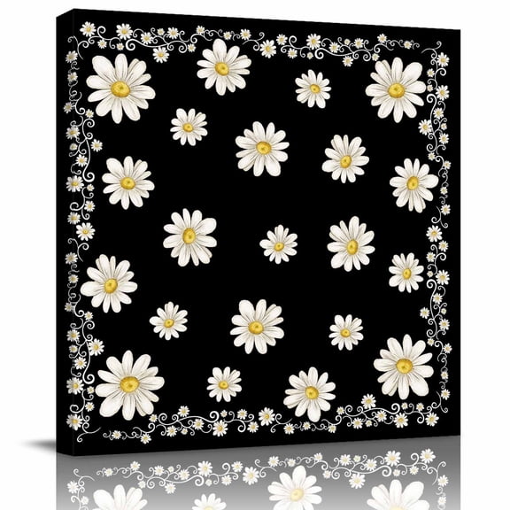 White Daisy Flower on Black Canvas Artwork Painting Art, Summer Floral Plant Theme Square Framed Wall Decorations Prints Picture for Bedroom Kitchen Living Room, 12x12 in