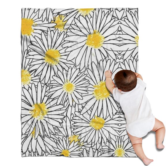 White Daisy Flower Black Lines Pattern Blanket,Comfortable Soft Flannel Throw Blanket,All Season,Warm Lightweight Blankets for Sofa Bed Couch Living Room Chair,30"x40"