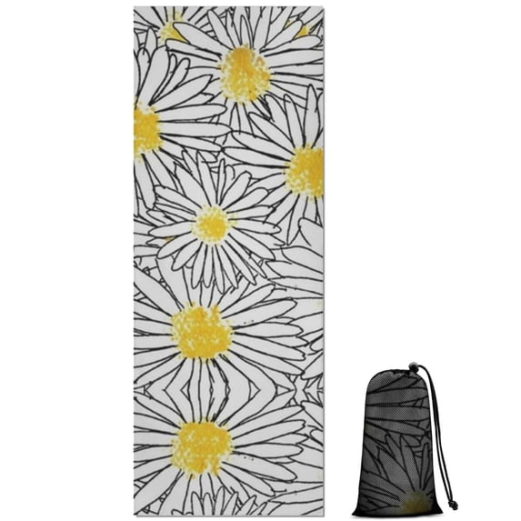 White Daisy Flower Black Lines Pattern Hot Yoga Mat Towel Non Slip for Hot Yoga - Quick-Drying Yoga Mat Cover with 4 Corner Pockets with Travel Bag - Hot Yoga Towel Non Slip 70"x26"