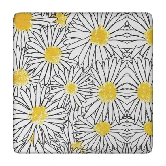 White Daisy Flower Black Lines Pattern Square Fitted Tablecloth with Elastic Edge,Square Table Cover,Washable Elastic Table Cover for Home Kitchen Party Decor 34"x34"